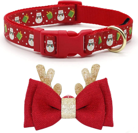 Christmas Dog Collar Adjustable Xmas Dog Collar with Christmas Antler Bow Tie Accessories Snowman Dog Collar for Medium Dogs - The Happy Pet Store