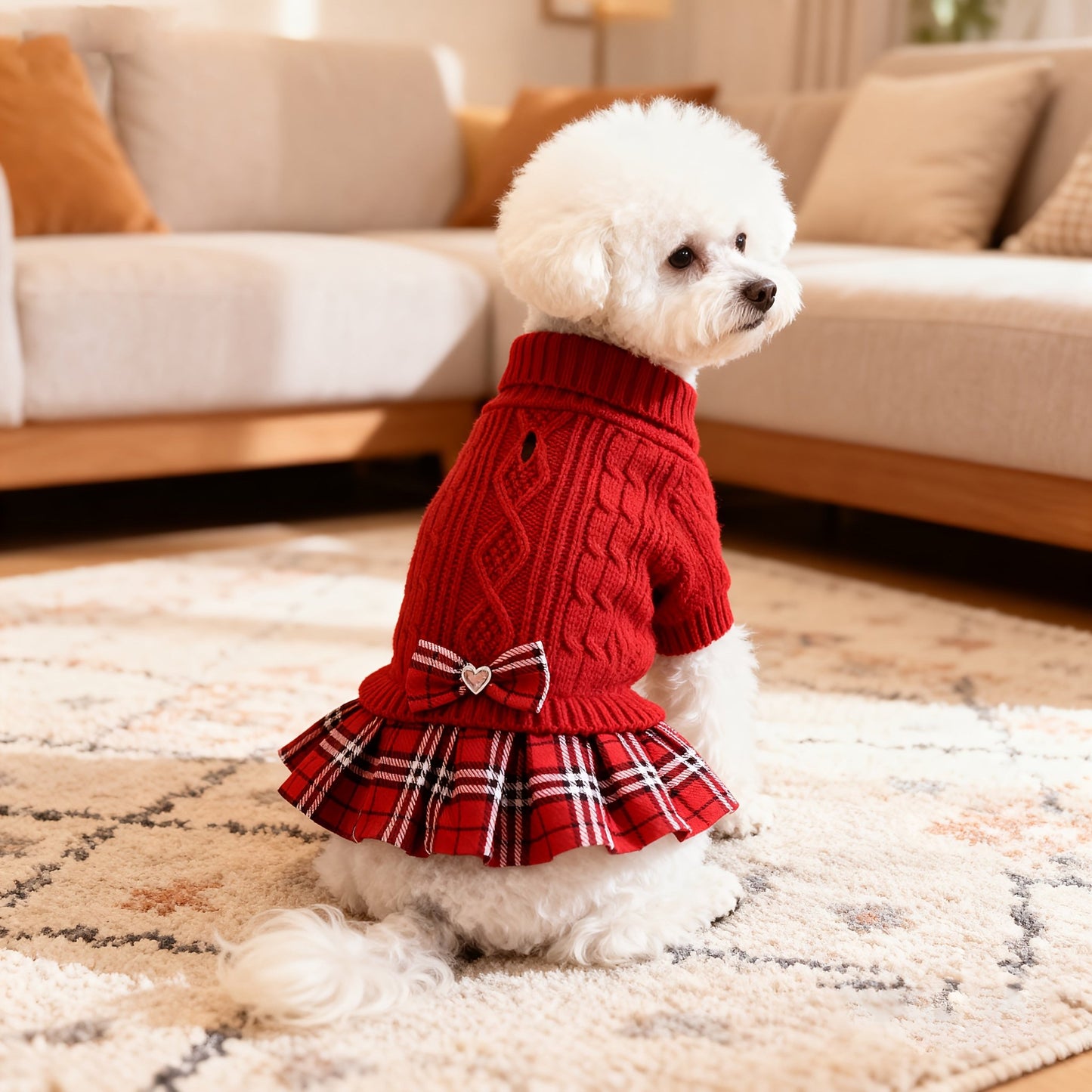 Christmas Sweater Dress for Small Dogs - Red & Black Plaid Knit Turtleneck with Bowtie, Warm Winter Clothes for Chihuahua, Yorkie, Havanese, Bichon - Machine Washable Dog Sweater with Leash Hole, Holiday Outfit for Christmas - The Happy Pet Store