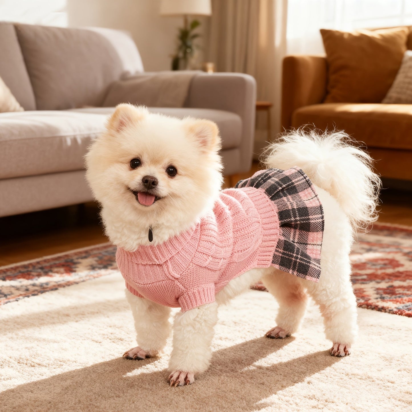 Christmas Sweater Dress for Small Dogs - Red & Black Plaid Knit Turtleneck with Bowtie, Warm Winter Clothes for Chihuahua, Yorkie, Havanese, Bichon - Machine Washable Dog Sweater with Leash Hole, Holiday Outfit for Christmas - The Happy Pet Store