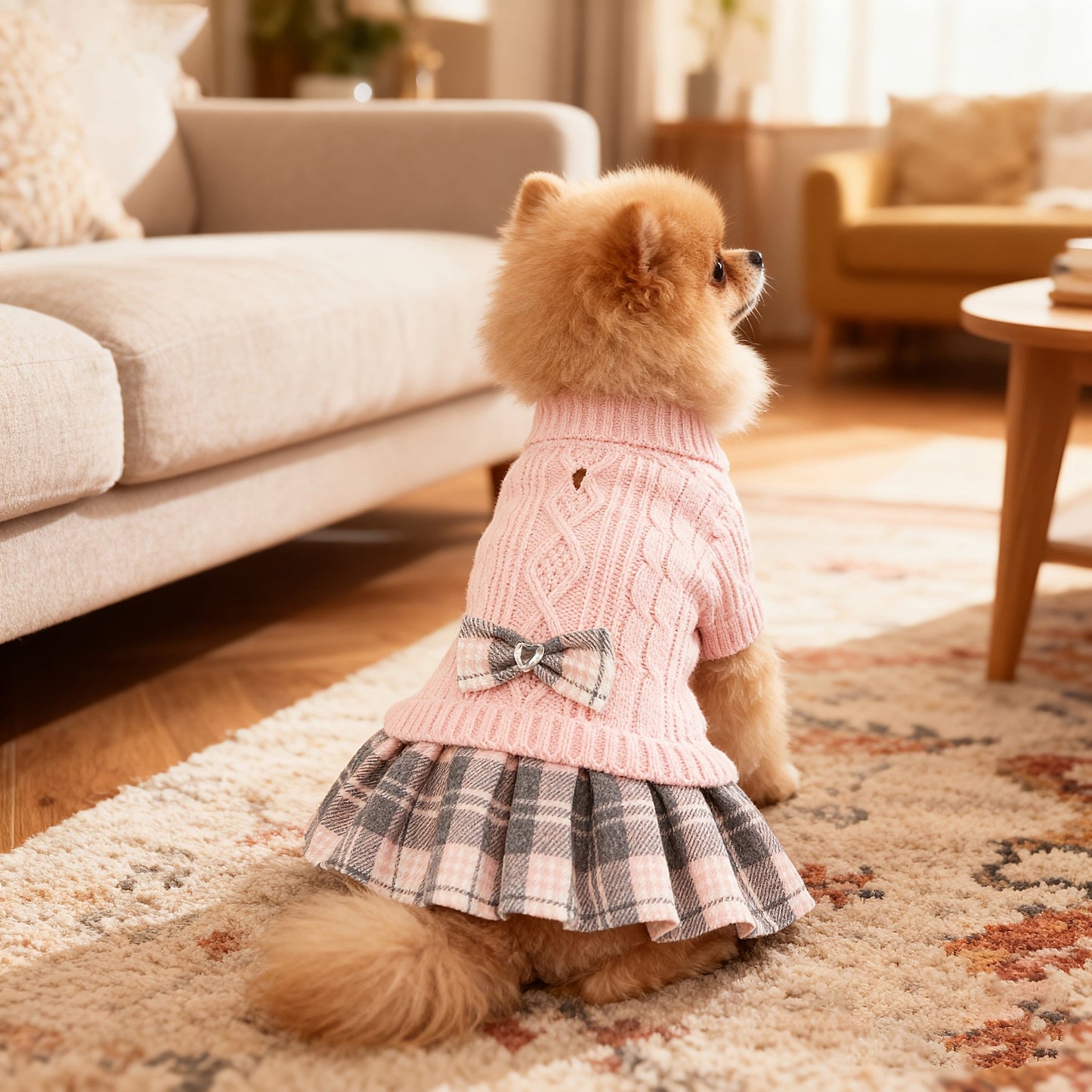 Christmas Sweater Dress for Small Dogs - Red & Black Plaid Knit Turtleneck with Bowtie, Warm Winter Clothes for Chihuahua, Yorkie, Havanese, Bichon - Machine Washable Dog Sweater with Leash Hole, Holiday Outfit for Christmas - The Happy Pet Store