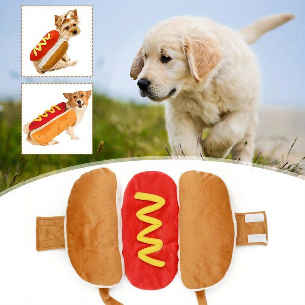 Funny Hot Dog Costume for Dogs - Cozy Dachshund Sausage Cosplay Outfit with Mustard Sauce Design, Adjustable Straps for Small/Medium Breeds, Perfect for Halloween & Parties, Dog Costumes for Small Dogs - The Happy Pet Store