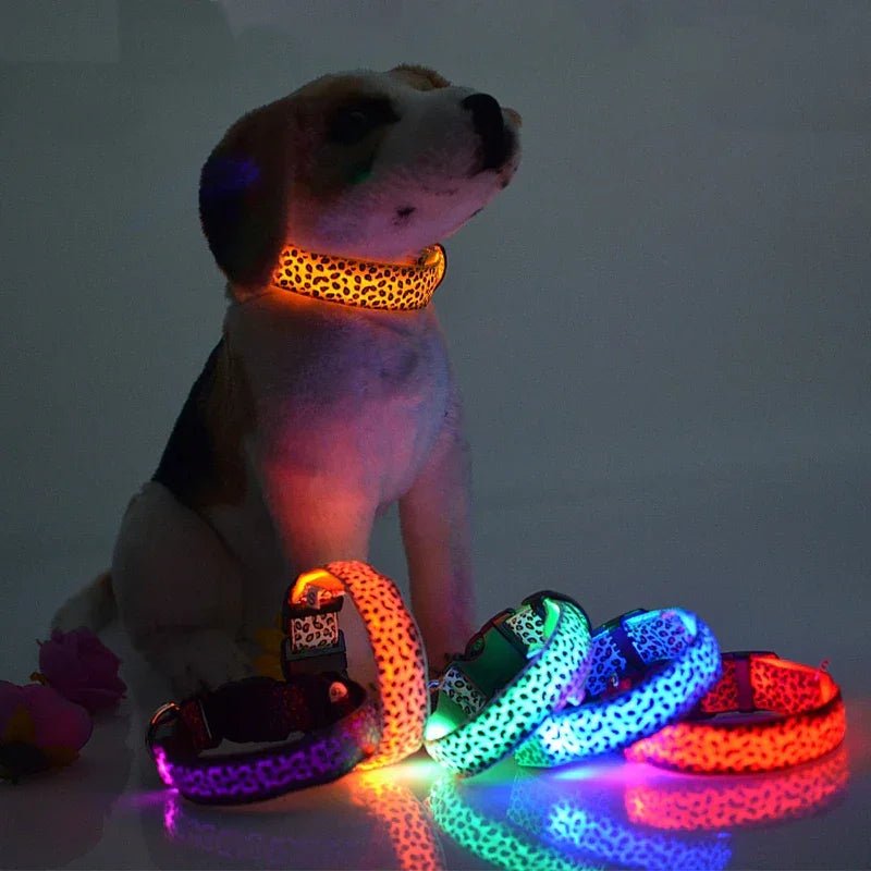 Leopard LED Dog Collar Luminous Adjustable Glowing Collar For Dogs Pet Night Safety Nylon Collar Luminous LED Bright Dog Collar - The Happy Pet Store