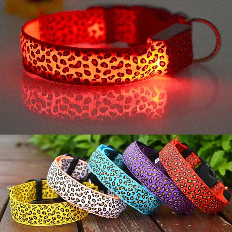 Leopard LED Dog Collar Luminous Adjustable Glowing Collar For Dogs Pet Night Safety Nylon Collar Luminous LED Bright Dog Collar - The Happy Pet Store