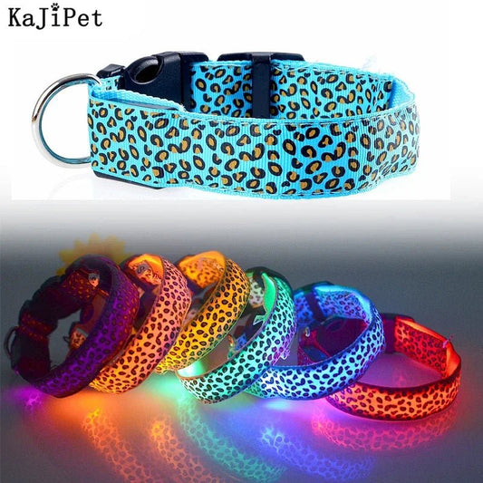 Leopard LED Dog Collar Luminous Adjustable Glowing Collar For Dogs Pet Night Safety Nylon Collar Luminous LED Bright Dog Collar - The Happy Pet Store
