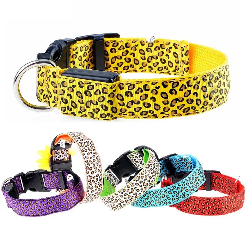 Leopard LED Dog Collar Luminous Adjustable Glowing Collar For Dogs Pet Night Safety Nylon Collar Luminous LED Bright Dog Collar - The Happy Pet Store