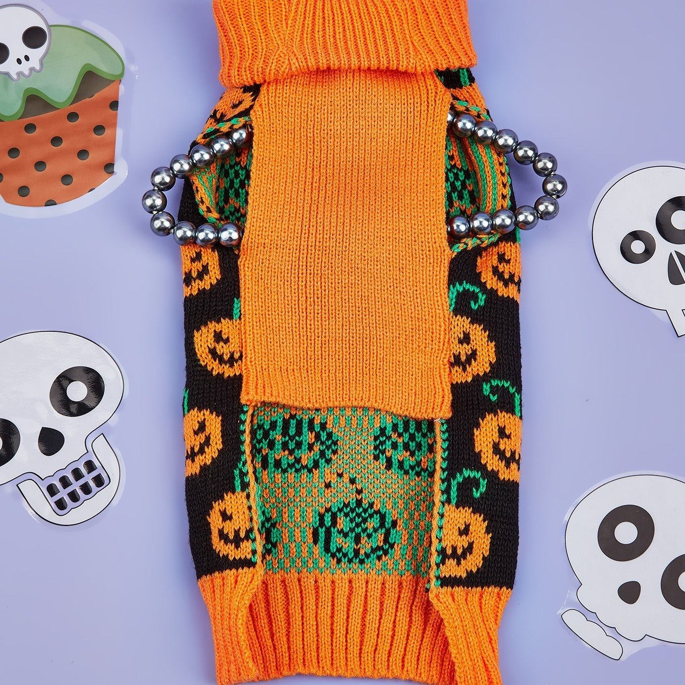 Pet Halloween Sweater - Pumpkin Face & Jack - o' - Lantern Print Pullover for Small/Medium Dogs, Machine Washable Orange & Black Festive Dog Sweater for Fall & Costume Parties, Halloween Accessories, Knitted Texture - The Happy Pet Store