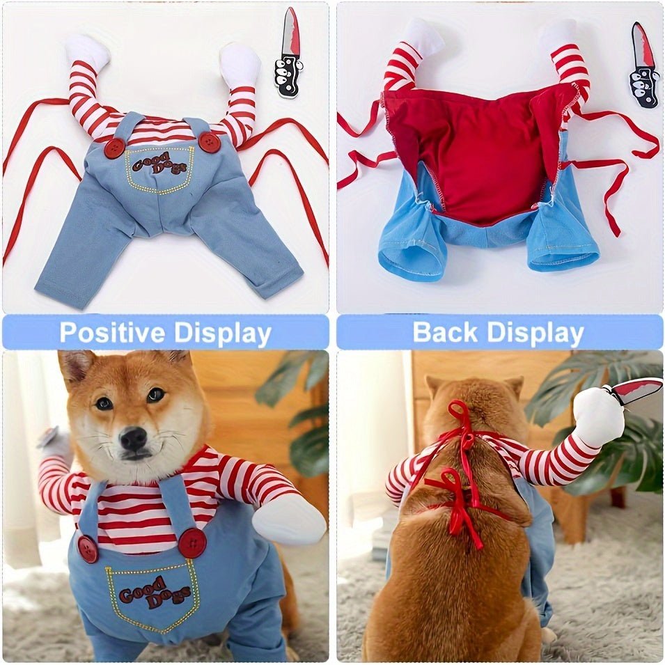 Unisex Funny Pet Costume with Knife Prop - Winter Warm Polyester Outfit for Medium Dogs & Cats, Adjustable Straps for Halloween & Themed Parties, "Good Dogs" Design, Pet Costume Party | Quirky Pet Outfit | Durable Pet Outfit - The Happy Pet Store