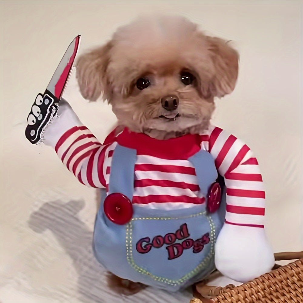 Unisex Funny Pet Costume with Knife Prop - Winter Warm Polyester Outfit for Medium Dogs & Cats, Adjustable Straps for Halloween & Themed Parties, "Good Dogs" Design, Pet Costume Party | Quirky Pet Outfit | Durable Pet Outfit - The Happy Pet Store