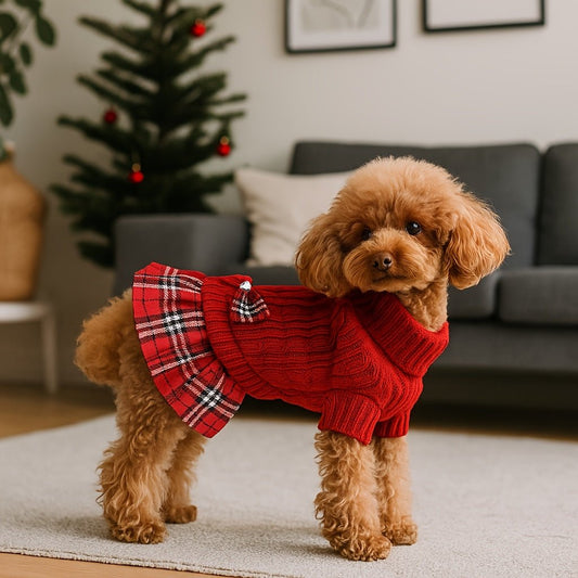 Christmas Sweater Dress for Small Dogs - Red & Black Plaid Knit Turtleneck with Bowtie, Warm Winter Clothes for Chihuahua, Yorkie, Havanese, Bichon - Machine Washable Dog Sweater with Leash Hole, Holiday Outfit for Christmas - The Happy Pet Store