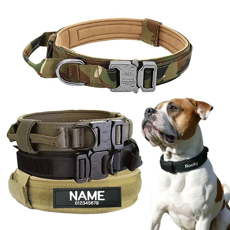 Dog Tag Nylon Tactical Collar With Handle Training Personalized - The Happy Pet Store