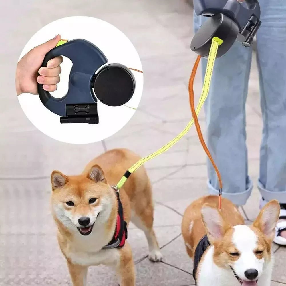 Dual Pet Leash Retractable Reflective Lead 360 Swivel Double Dog Walking Leash - The Happy Pet Store
