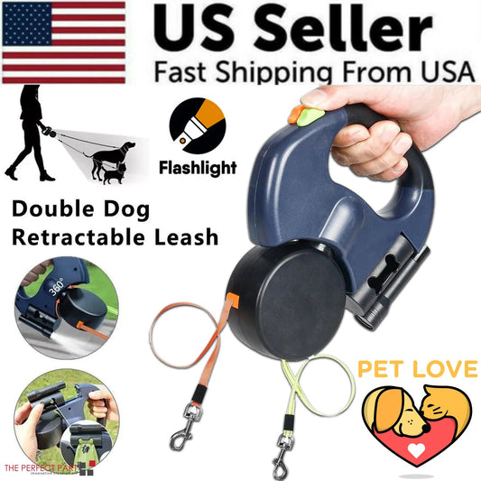 Dual Pet Leash Retractable Reflective Lead 360 Swivel Double Dog Walking Leash - The Happy Pet Store