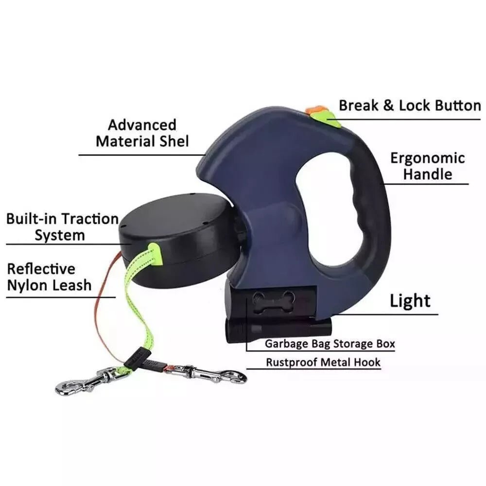 Dual Pet Leash Retractable Reflective Lead 360 Swivel Double Dog Walking Leash - The Happy Pet Store