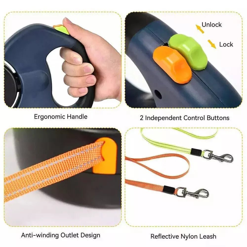 Dual Pet Leash Retractable Reflective Lead 360 Swivel Double Dog Walking Leash - The Happy Pet Store