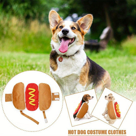 Funny Hot Dog Costume for Dogs - Cozy Dachshund Sausage Cosplay Outfit with Mustard Sauce Design, Adjustable Straps for Small/Medium Breeds, Perfect for Halloween & Parties, Dog Costumes for Small Dogs - The Happy Pet Store