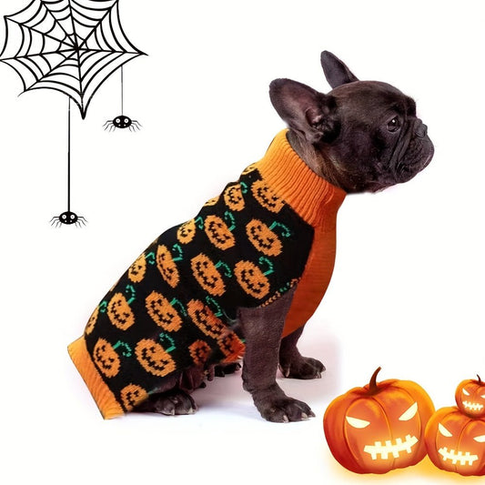 Pet Halloween Sweater - Pumpkin Face & Jack - o' - Lantern Print Pullover for Small/Medium Dogs, Machine Washable Orange & Black Festive Dog Sweater for Fall & Costume Parties, Halloween Accessories, Knitted Texture - The Happy Pet Store