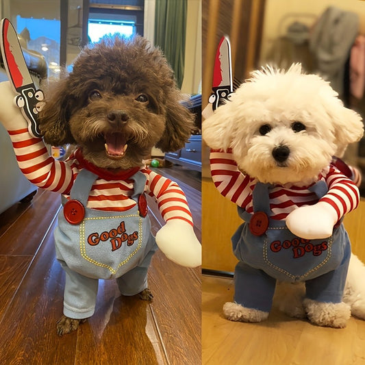 Unisex Funny Pet Costume with Knife Prop - Winter Warm Polyester Outfit for Medium Dogs & Cats, Adjustable Straps for Halloween & Themed Parties, "Good Dogs" Design, Pet Costume Party | Quirky Pet Outfit | Durable Pet Outfit - The Happy Pet Store
